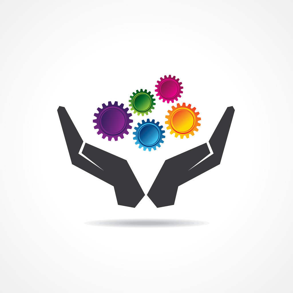 Colorful gears in hand - Vector, Image