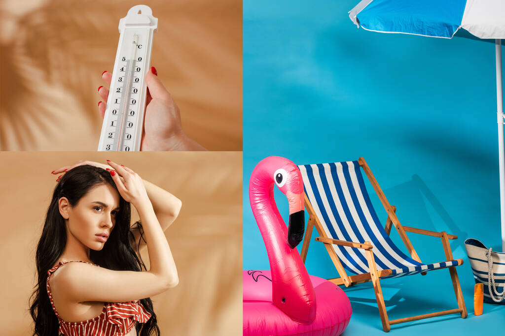 collage of sexy brunette woman in swimsuit, thermometer and beach accessories - Photo, Image