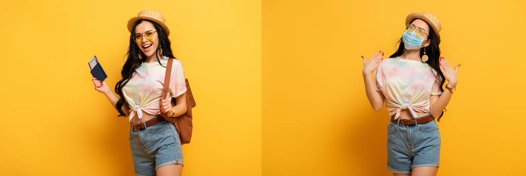 koláž šťastné brunetky dívka v letním oblečení a lékařské masky s taškou a palubní vstupenka na žlutém pozadí - Fotografie, Obrázek