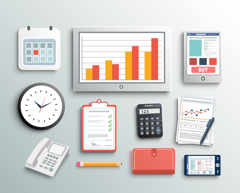 Workplace office and business work elements set - Vector, Image