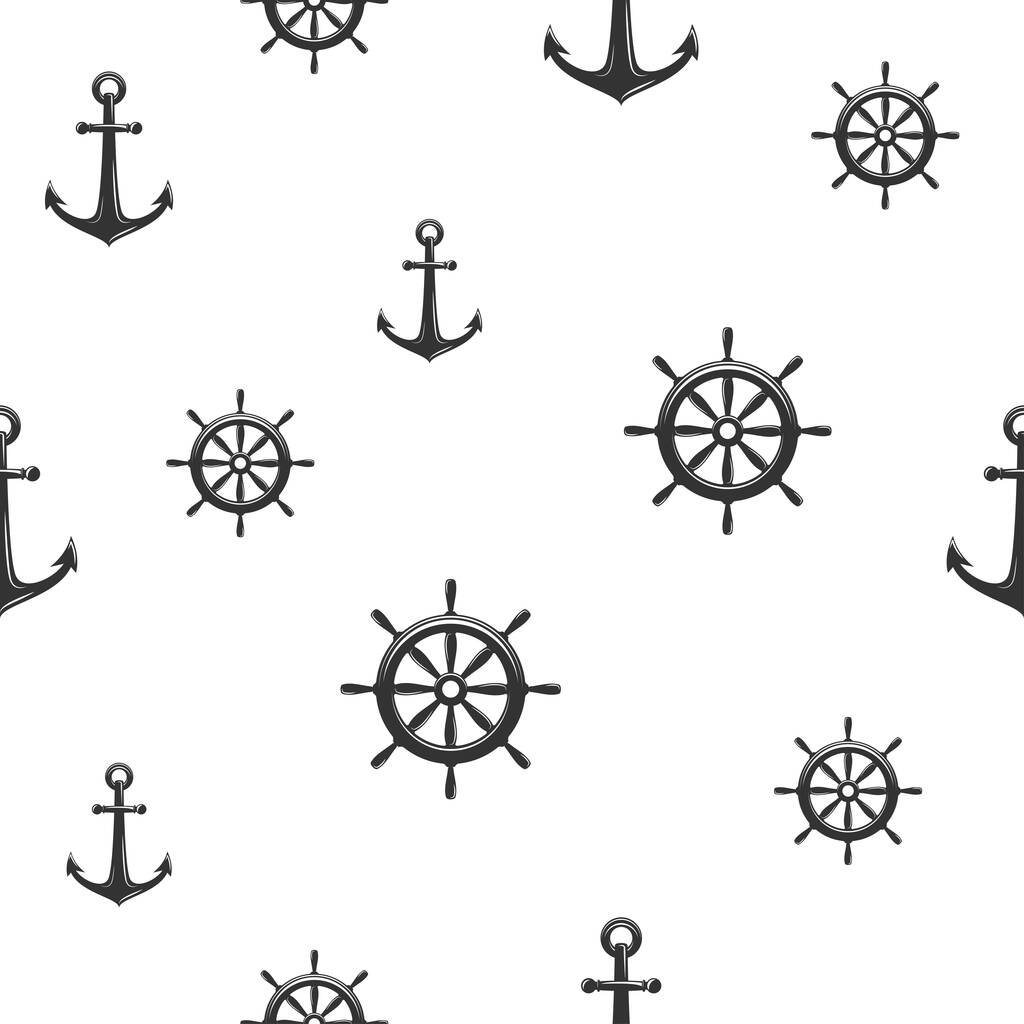 Tengerészeti varrat nélküli minta fekete horgonyokkal a fehér. Hajó és csónak stílusú dísz. Tengerészeti háttér. Nyári vektor lapos illusztráció. - Vektor, kép
