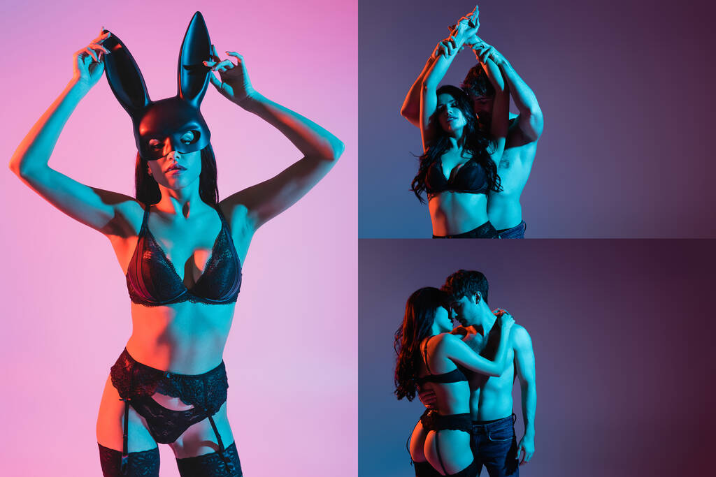 collage di donna seducente in biancheria intima sexy maschera toccante con orecchie di coniglio e coppia che abbraccia il viola  - Foto, immagini