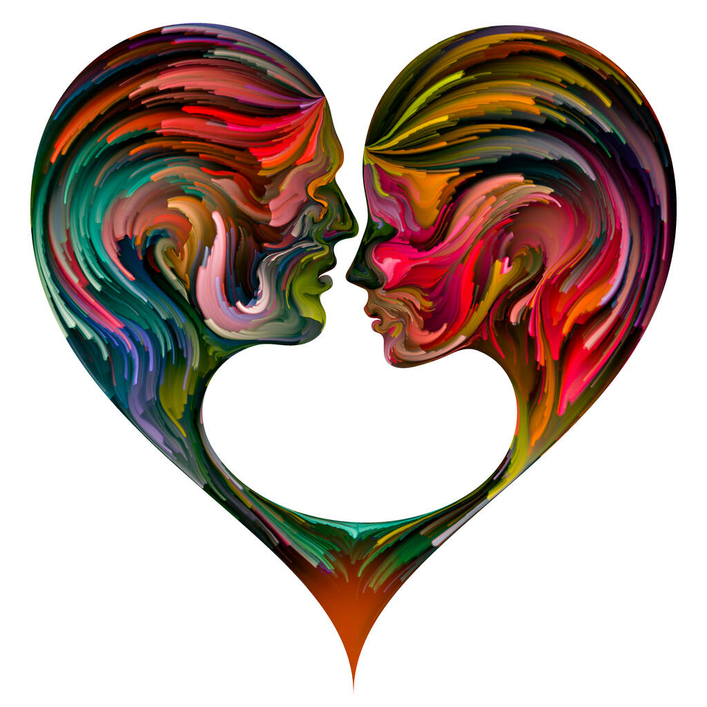 Soul Mates serie. Mannelijke, vrouwelijke en foetus contouren samengevoegd tot hartvorm symbool met penseelstreken van digitale verf. Illustratie over liefde, ouderschap, huwelijk en gezin. - Foto, afbeelding