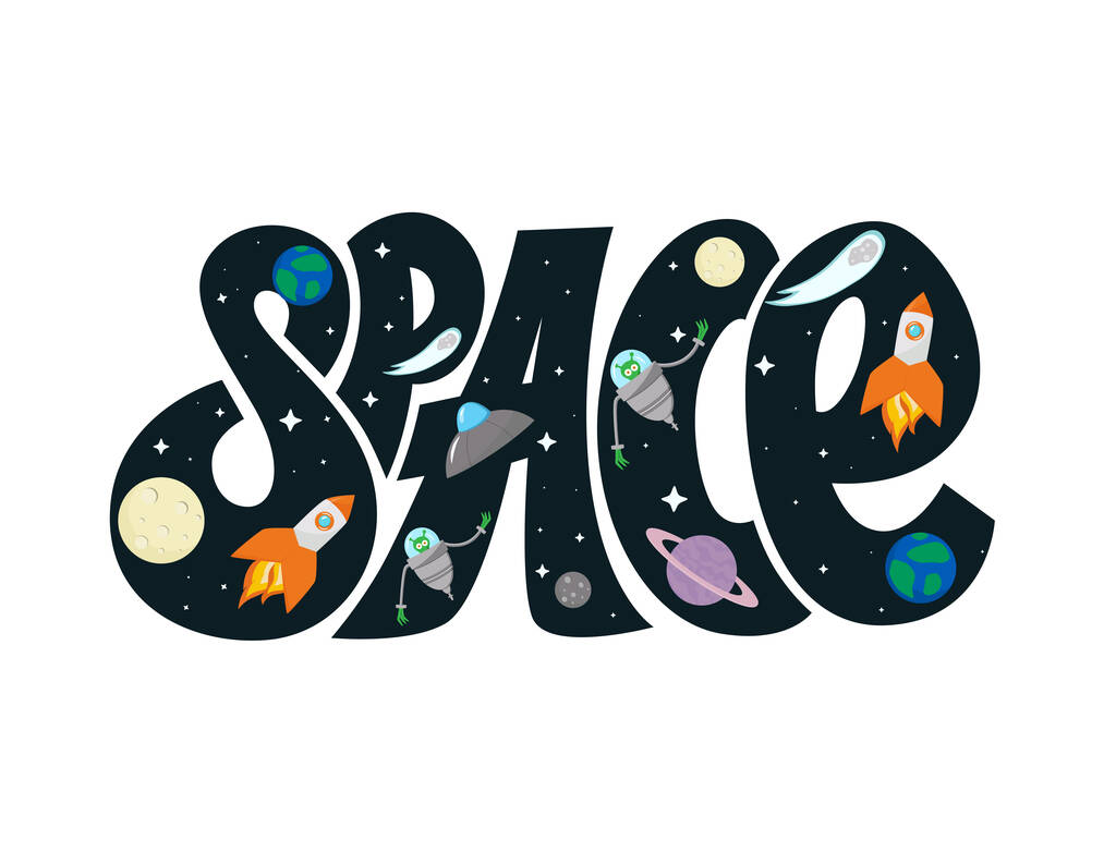 Vektorin tasainen avaruuskuvio kirjaimissa. Söpö värimalli avaruusalus, Raketti, Kuu, planeetat, Alien, Tähdet ulkoavaruudessa - Vektori, kuva
