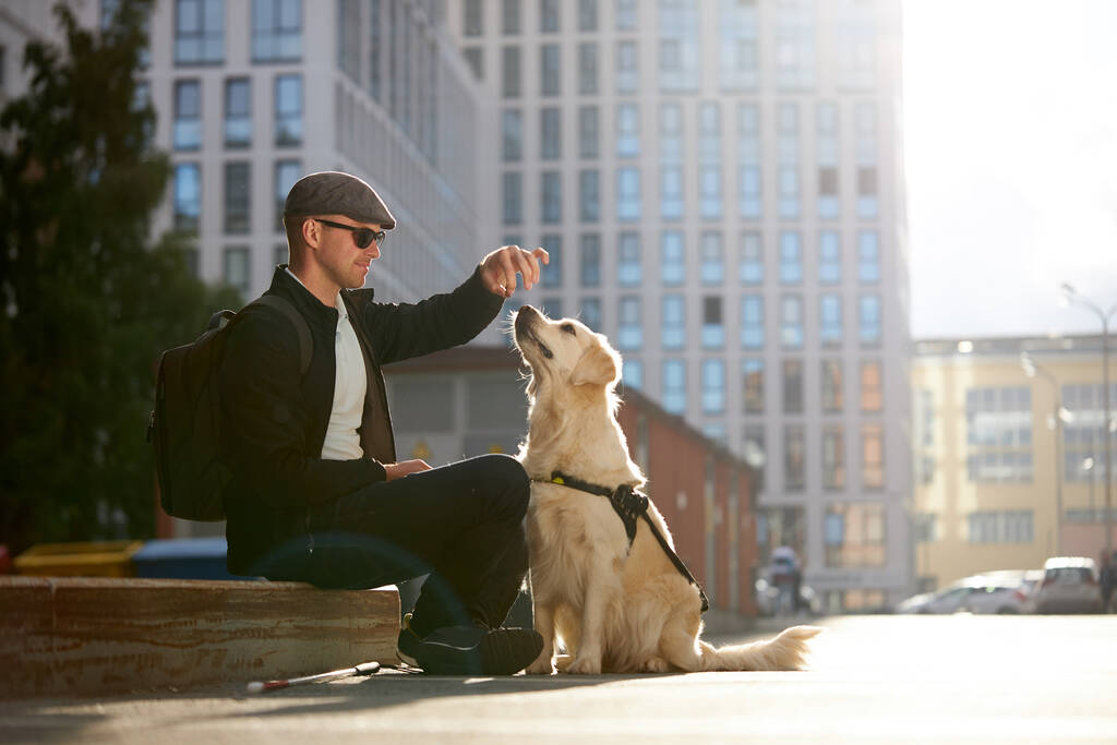 Junger Blinder trainiert Blindenführhund, gibt Gehorsamsbefehle - Foto, Bild