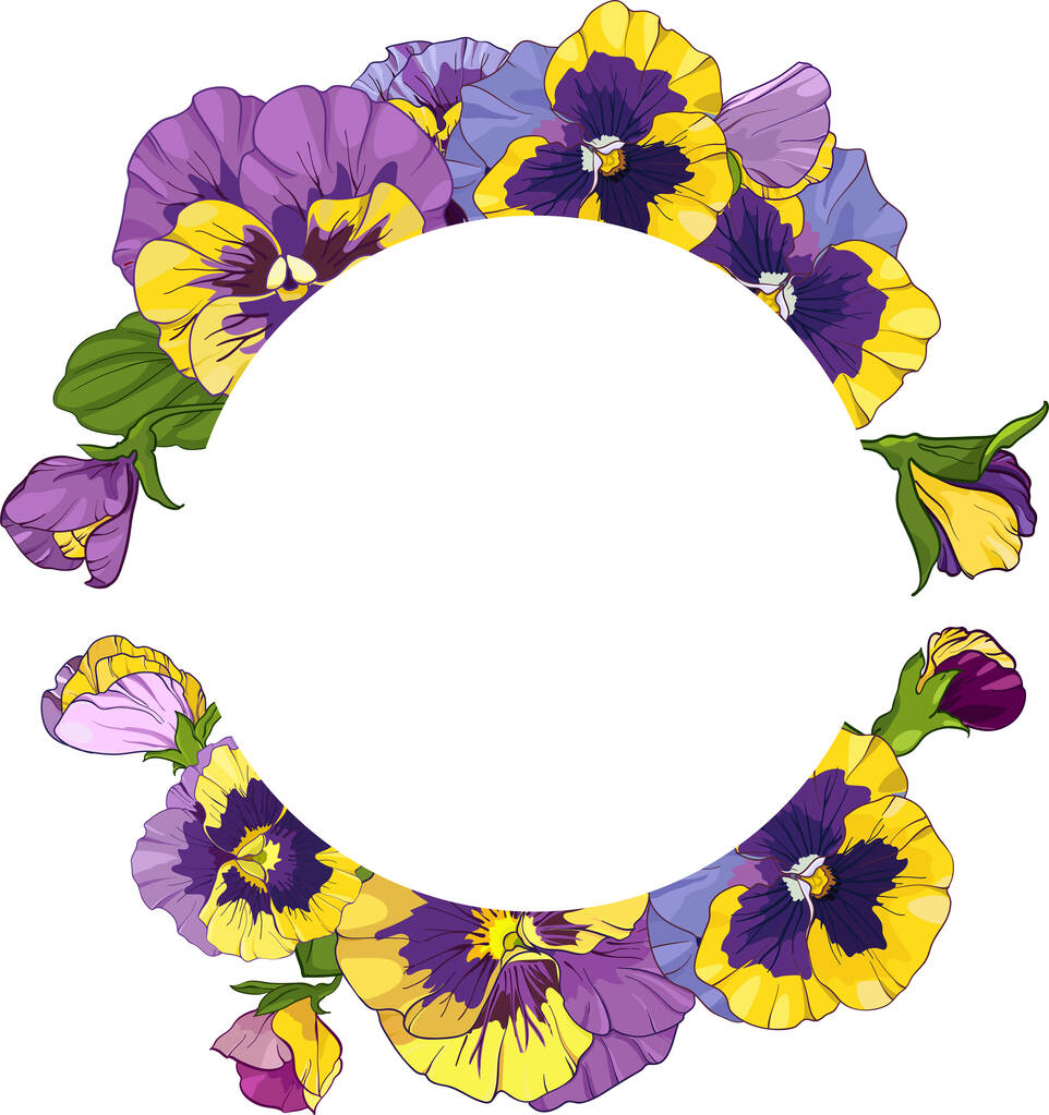 runder Rahmen mit Stiefmütterchen-Blüten, Kranz-Viola, gelben und lila Blüten Blattschmuck, Vektorillustration - Vektor, Bild