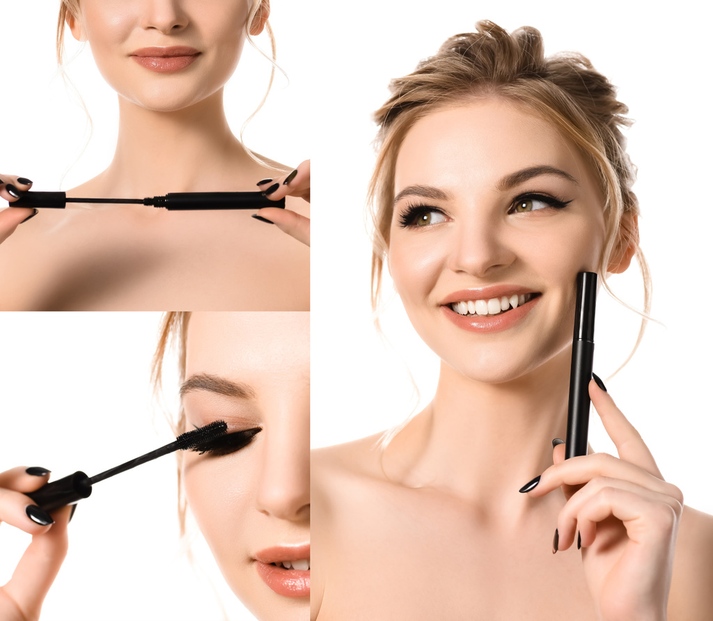 Collage von lächelnden nackten schönen blonden Frau mit Make-up und schwarzen Nägeln Anwendung Mascara isoliert auf weiß - Foto, Bild