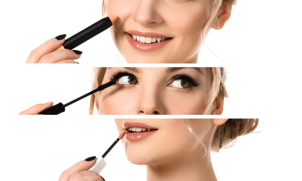 collage de hermosa mujer aplicando brillo de labios, corrector y rímel aislado en blanco
 - Foto, imagen