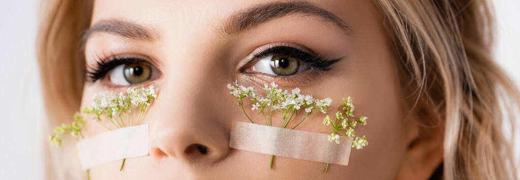 cropped view of beautiful blonde woman with wildflowers under eyes isolated on white, panoramic shot - Photo, Image