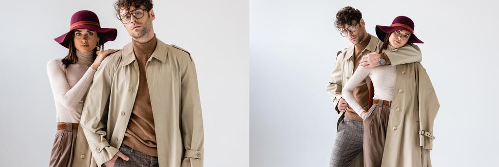 collage de pareja joven posando en ropa de otoño de moda en gris, imagen horizontal
 - Foto, Imagen