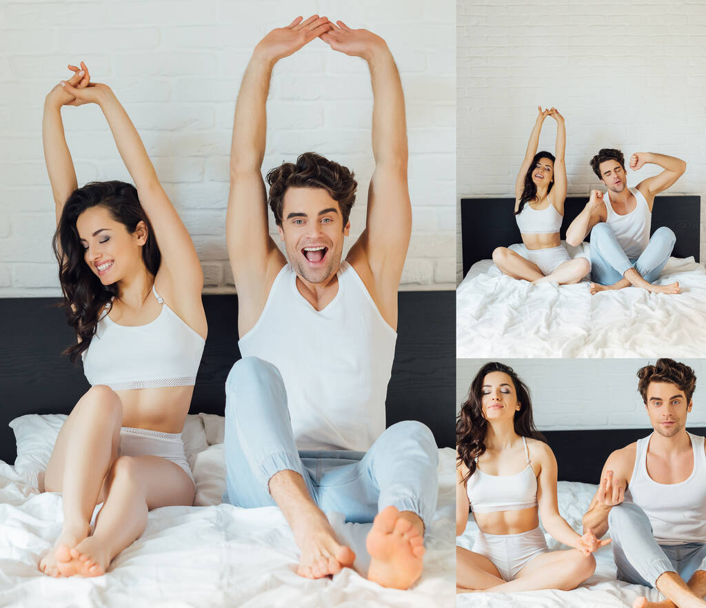 Collage di coppia positiva che si estende e medita sul letto al mattino  - Foto, immagini