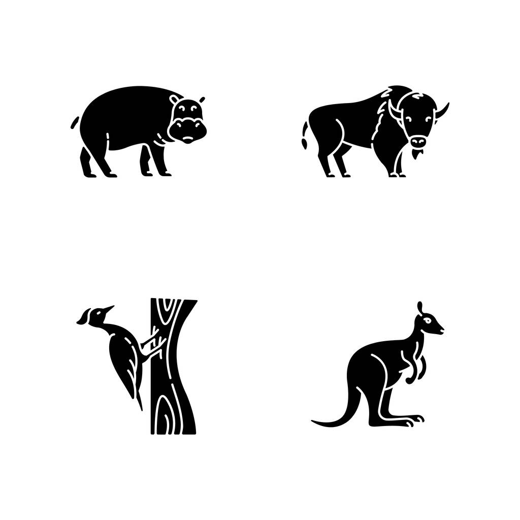 Różne zwierzęta czarne ikony glifów ustawione na białej przestrzeni. Wspólne leśne ptaki i egzotyczne symbole sylwetki fauny. Hipopotam, dzięcioł, żubr amerykański i kangur. Ilustracje izolowane wektora - Wektor, obraz