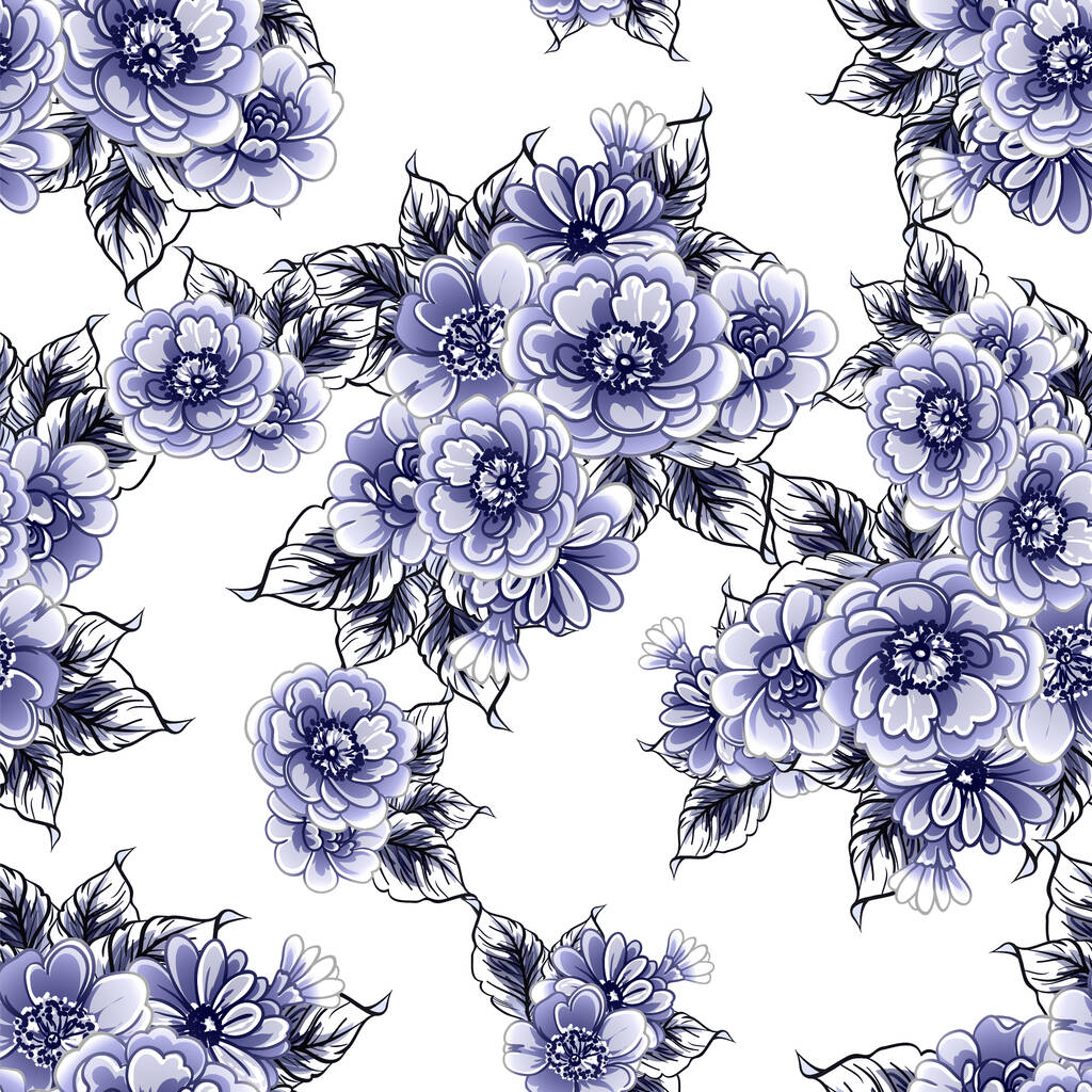 Kusursuz mavi monokrom klasik çiçek deseni - Vektör, Görsel