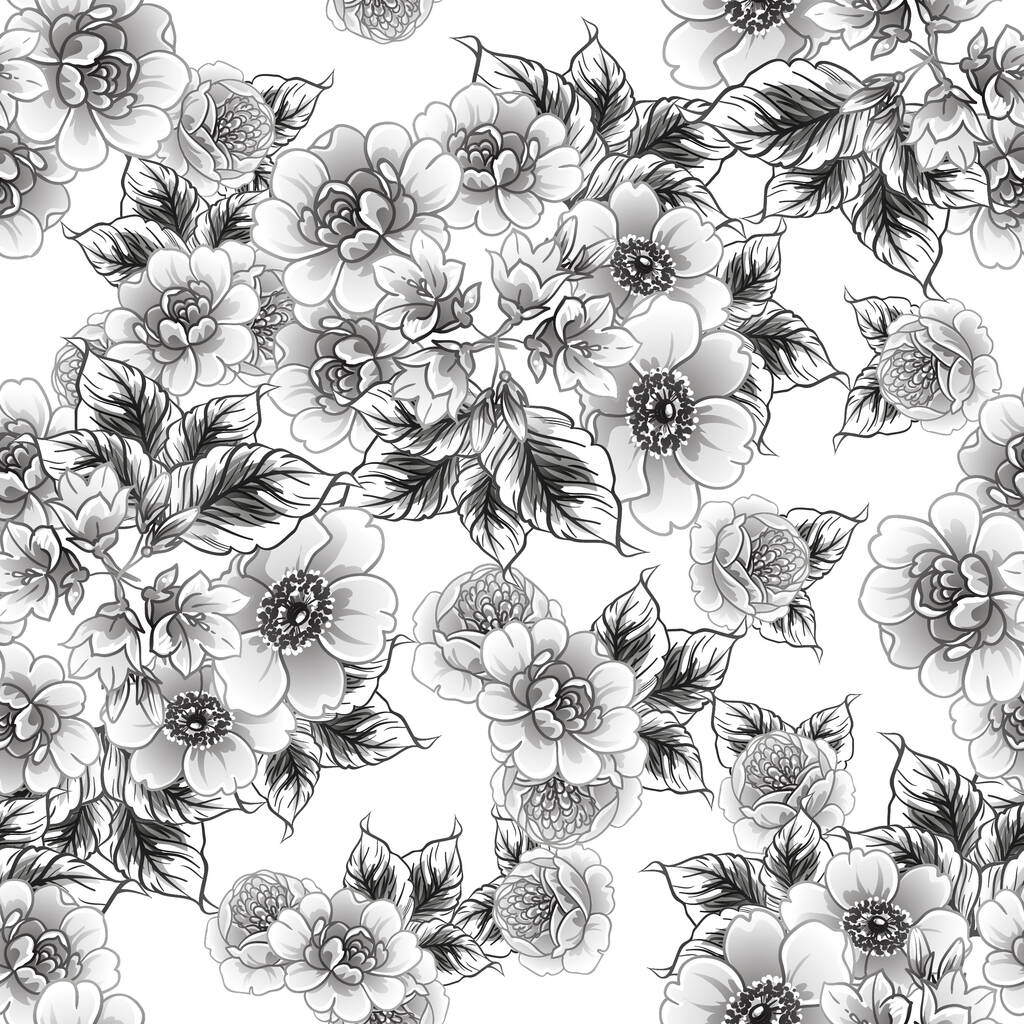 Безшовний монохромний вінтажний візерунок з квітами
 - Вектор, зображення