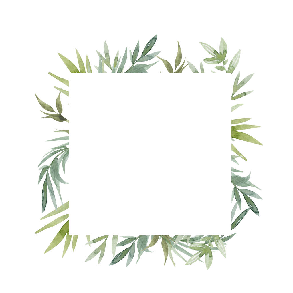 花緑のカードデザイン:森林シダの前ユーカリの枝緑の葉ハーブの緑黄色の果実のフレーム。結婚式招待ポスター招待水彩手描きイラスト - 写真・画像