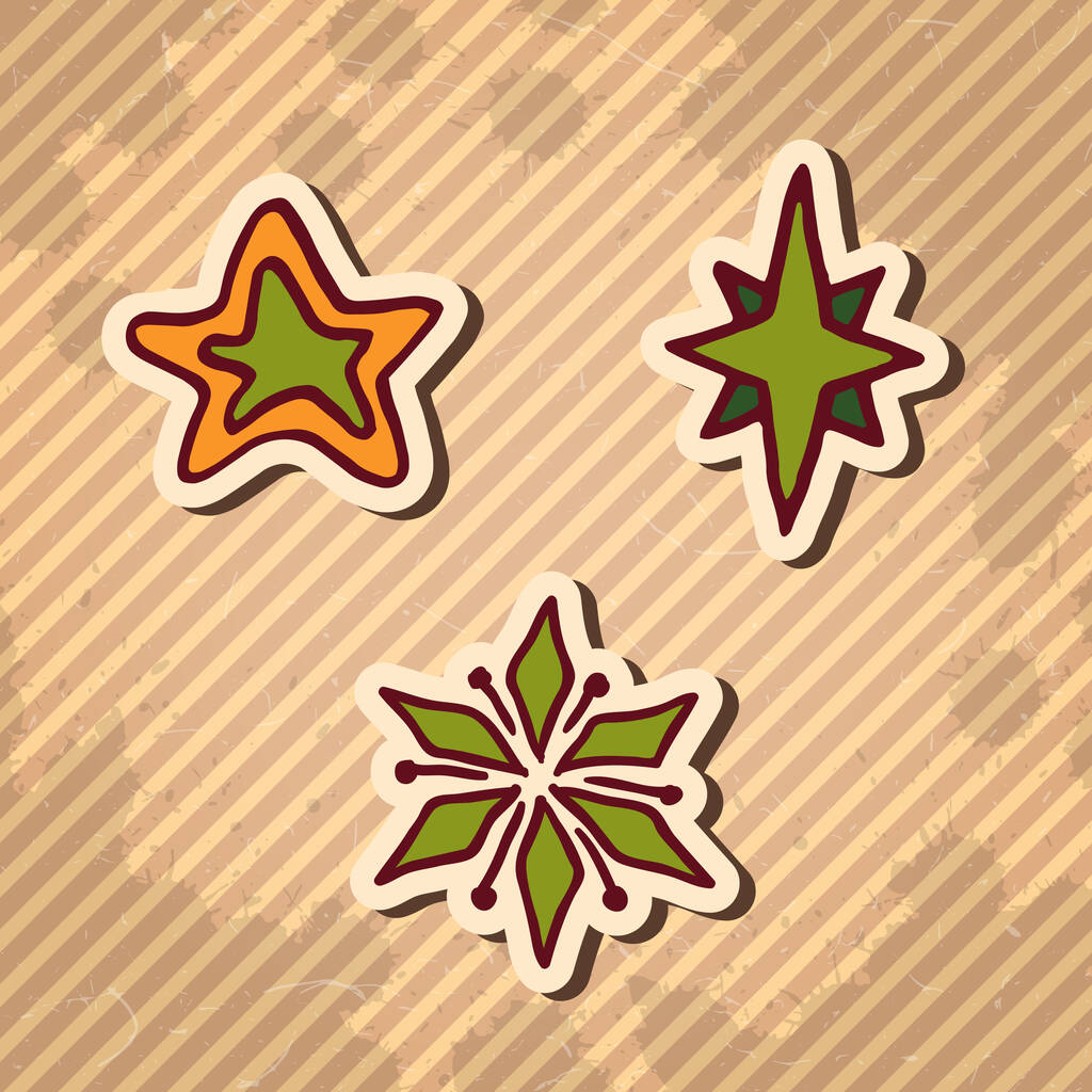 手描きの星、クリスマスのドアのデザイン要素。冬休みは縞模様のヴィンテージブラウンの背景にカードアイテムを迎える。ベクターイラスト. - ベクター画像