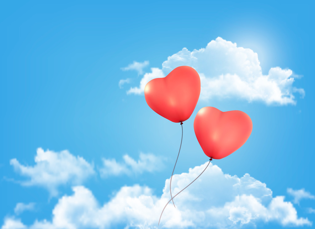 Valentine heart-shaped baloons in a blue sky with clouds. Vector - Vector, Image