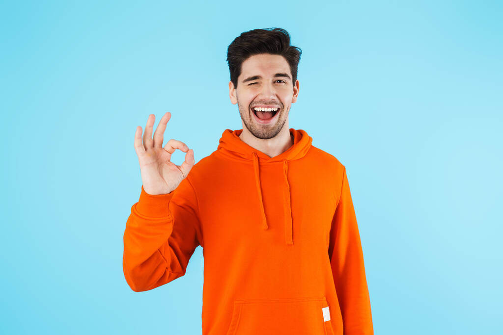 Image of a happy positive young bristle man isolated over blue wall background showing okay gesture. - Photo, Image
