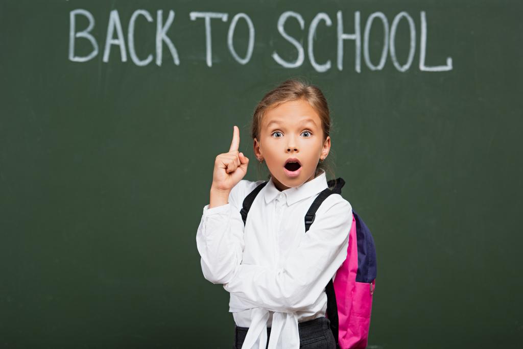 selective focus of shocked schoolgirl showing idea gesture near chalkboard with back to school inscription - Photo, Image