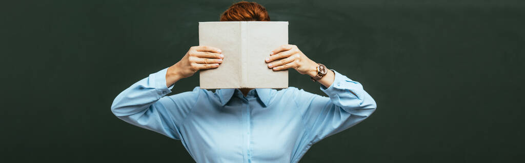 panoramiczny zbiór nauczyciela zasłaniający twarz otwartą książką stojąc przy tablicy  - Zdjęcie, obraz