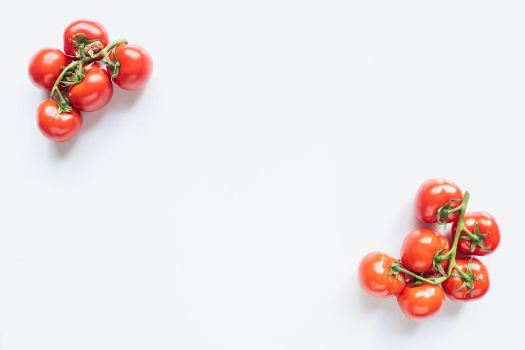 top view of red ripe fresh tomatoes on branches on white background - Photo, Image