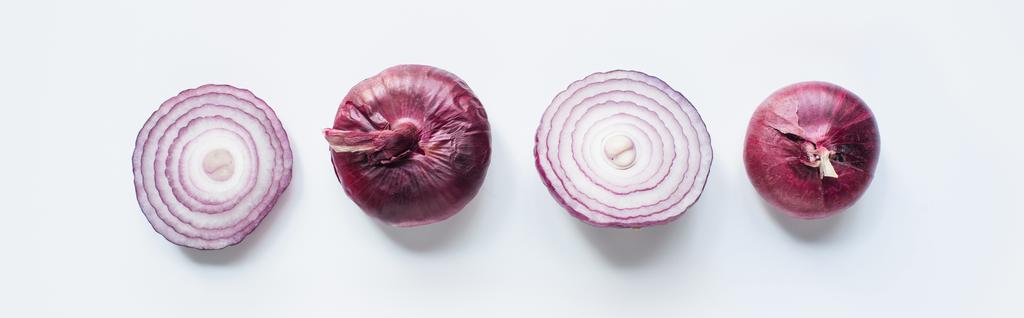 top view of cut and whole red onion on white background, panoramic shot - Photo, Image