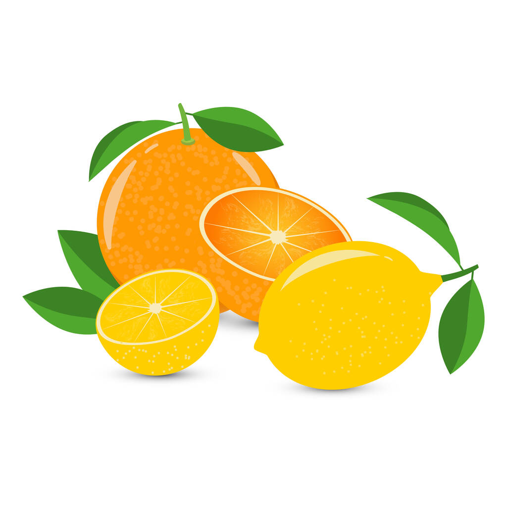 Vector still life of orange and lemon on a white background. Well balanced composition. - Vector, Image