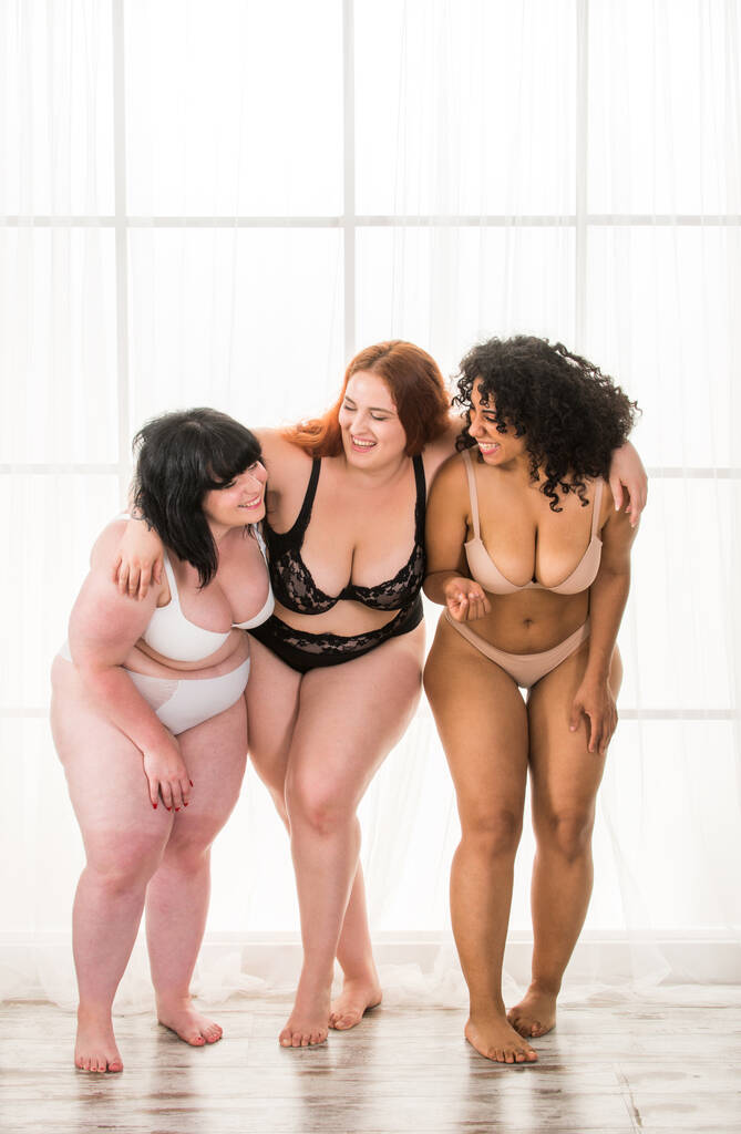 Groupe de 3 femmes surdimensionnées posant en studio - Belles filles acceptant l'imperfection du corps, photos de beauté en studio - Concepts sur l'acceptation du corps, la positivité du corps et la diversité - Photo, image