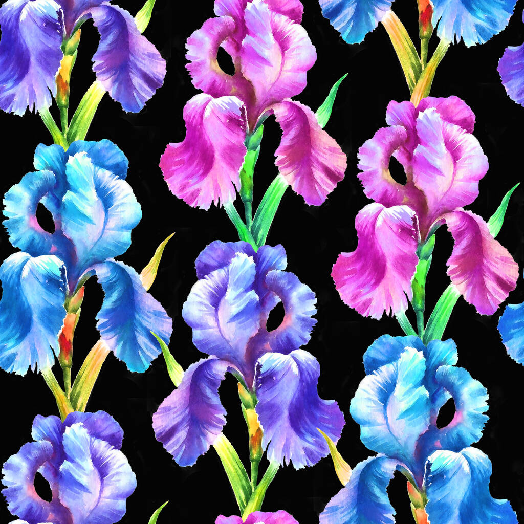 Υδατογραφία χέρι χρώμα ίριδας λουλούδι, αδιάλειπτη μοτίβο για την κλωστοϋφαντουργία, ταπετσαρία, φόντο. - Φωτογραφία, εικόνα
