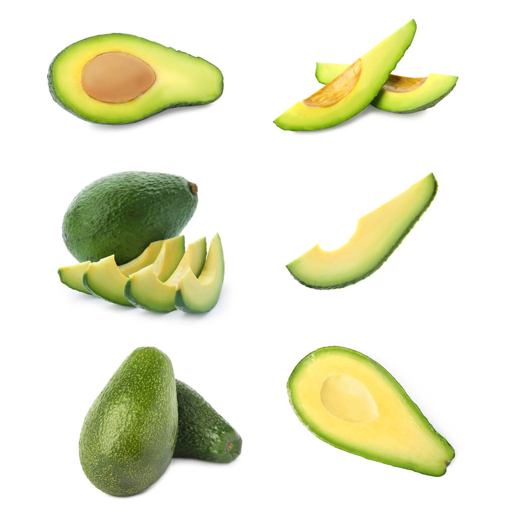 Set of cut and whole avocados on white background - Photo, Image