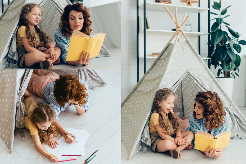 Collage aus glücklichen Kindermädchen und Kindern, die Buch lesen und in Spielzeug-Perücken zeichnen - Foto, Bild