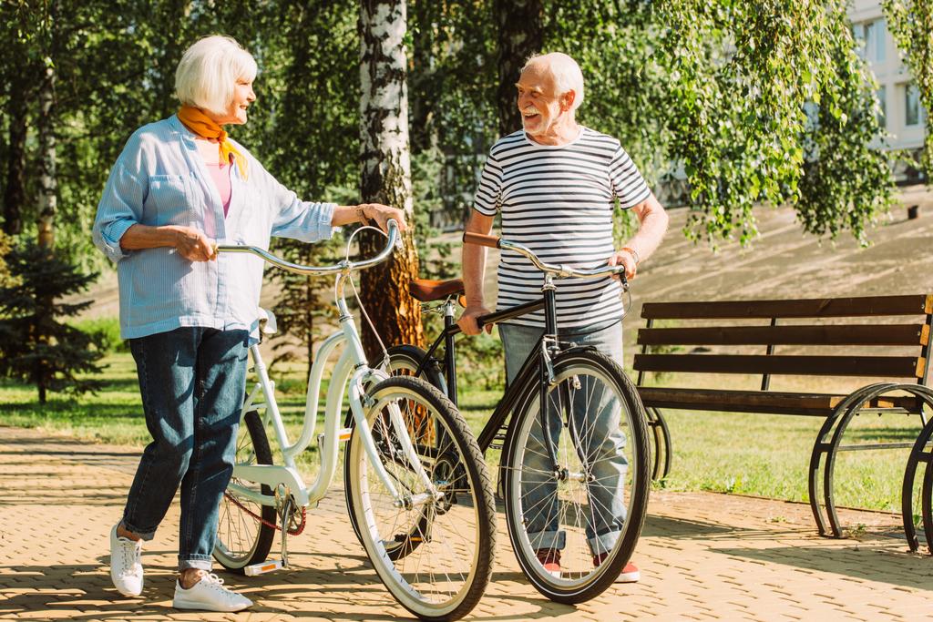 Iäkäs pari hymyilee toisilleen kävellessään polkupyörien kanssa puistossa  - Valokuva, kuva