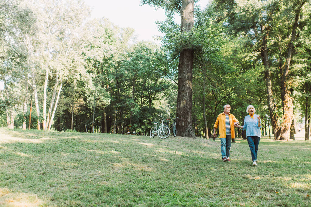 Усміхнена старша жінка вказує пальцем під час прогулянки з чоловіком в парку влітку
  - Фото, зображення