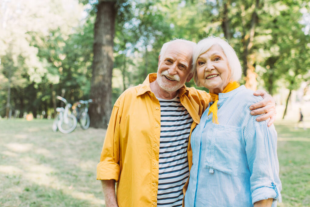 Positieve senior man knuffelen glimlachende vrouw in de zomer park  - Foto, afbeelding