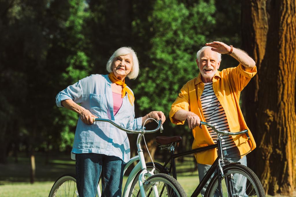公園を自転車で歩きながらカメラを見ている幸せな高齢者のカップル  - 写真・画像