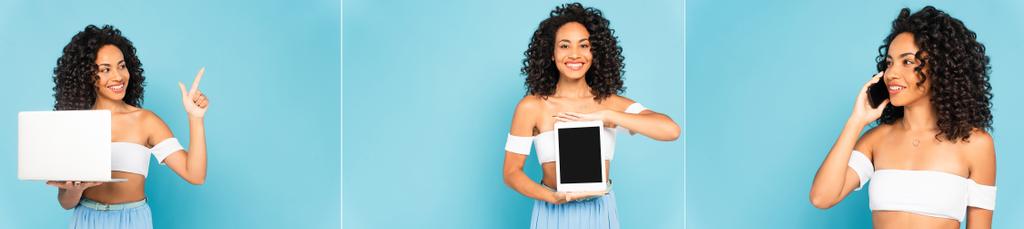 collage de la mujer afroamericana feliz sosteniendo el ordenador portátil y la tableta digital con la pantalla en blanco mientras que habla en el teléfono inteligente en azul
 - Foto, imagen
