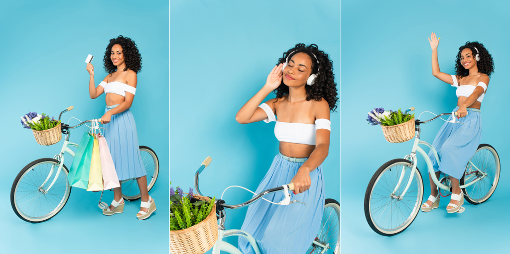 kollázs vidám afro-amerikai lány fülhallgató lovaglás kerékpár, integető kéz, gazdaság hitelkártya és bevásárló táskák kék - Fotó, kép