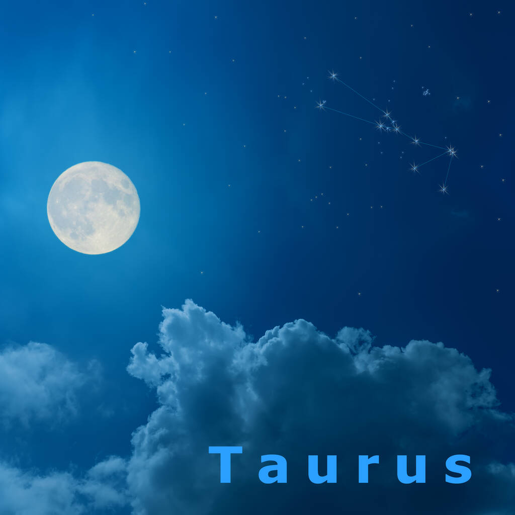 pełnia księżyca na nocnym niebie z projektową konstelacją zodiaku Taurus - Zdjęcie, obraz