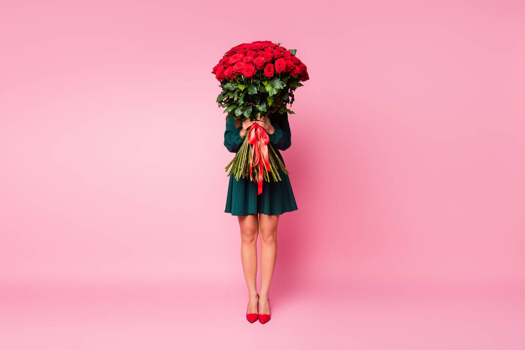 Фотографія повної довжини чарівної шикарної леді тримає руки великі троянди букет ховається обличчям сором'язлива людина носить коротке зелене плаття червоні високі підбори ізольовані пастельно-рожевий кольоровий фон
 - Фото, зображення