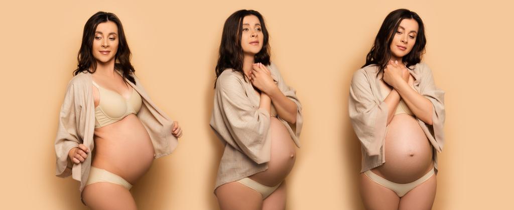 collage of pensive pregnant woman holding hands near chest, and touching shirt on beige, panoramic concept - Photo, Image