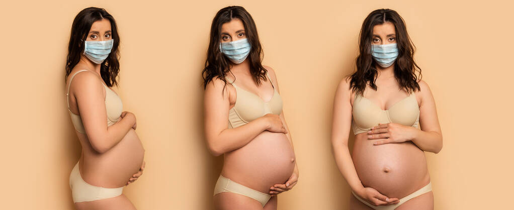 コラージュのブルネット妊娠中の女性で下着と保護マスクタッチ腹でベージュ、パノラマショット - 写真・画像