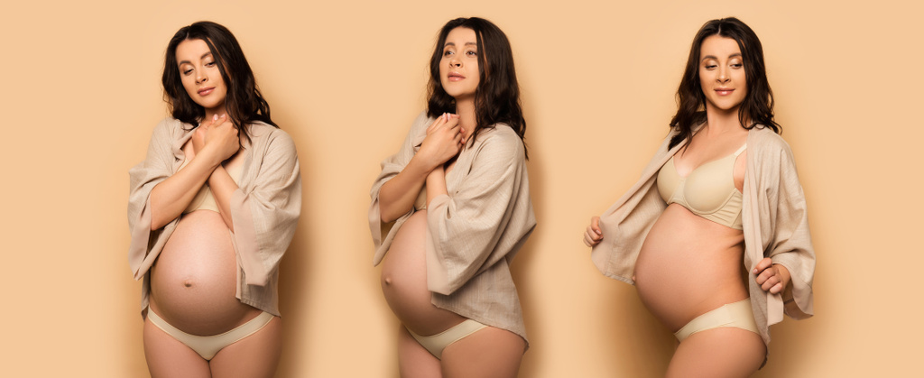 collage of dreamy pregnant woman holding hands near chest, and touching shirt on beige, horizontal image - Photo, Image