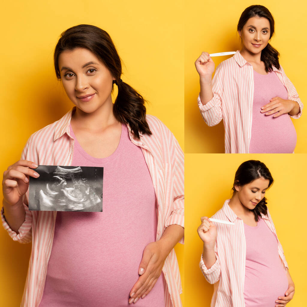 Karnına dokunurken ultrason ve hamilelik testi gösteren hamile kadın kolajı. - Fotoğraf, Görsel