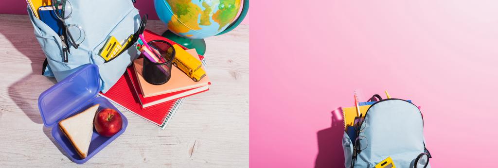 коллаж школьного рюкзака на столе рядом с земным шаром, коробка для ланча, модель школьного автобуса, держатель ручки и книги на розовый, панорамный снимок - Фото, изображение