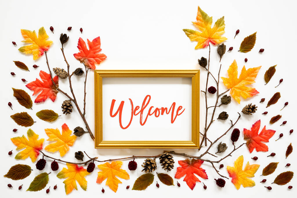 Décoration de feuille d'automne colorée, cadre doré, texte Bienvenue - Photo, image