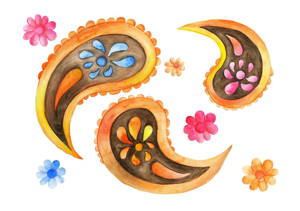 Een patroon van veelkleurige aquarelkomkommers en bloemen - Foto, afbeelding