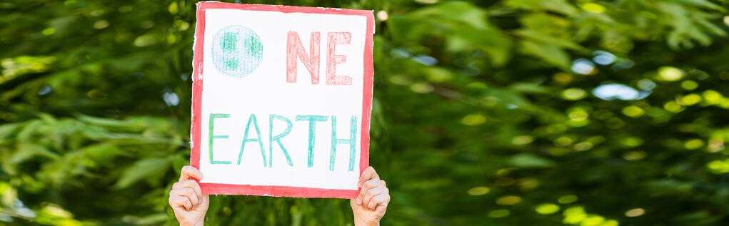 Горизонтальная концепция человека, держащего плакат с одной земной буквы с деревьями на заднем плане, экологическая концепция - Фото, изображение