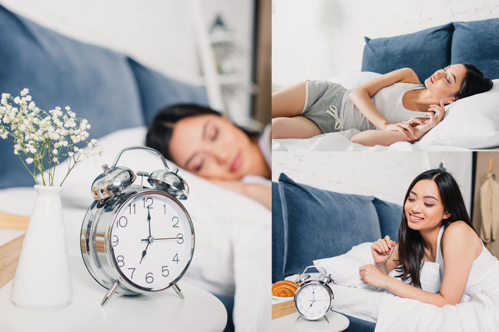 Collage di sveglia sul comodino e sorridente donna asiatica sul letto  - Foto, immagini