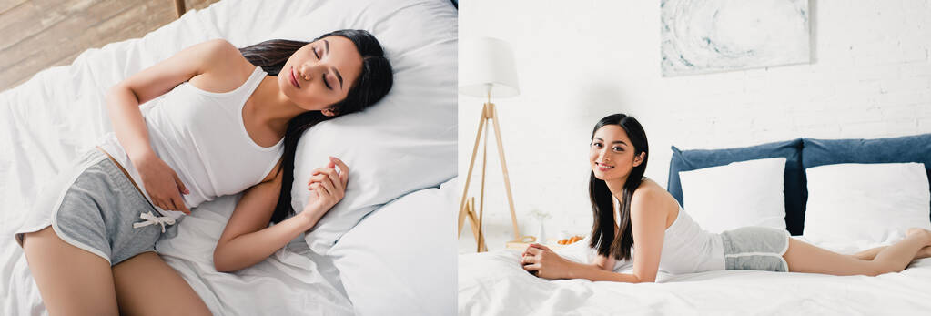 Коллаж красивой азиатской женщины, улыбающейся в камеру и спящей на кровати  - Фото, изображение