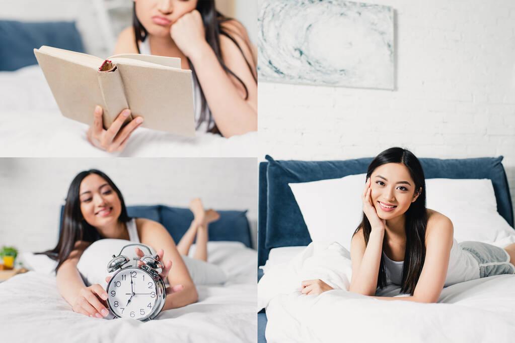 笑顔アジアの女の子保持目覚まし時計のコラージュ,本を読んで、ベッドの上でカメラを見て  - 写真・画像